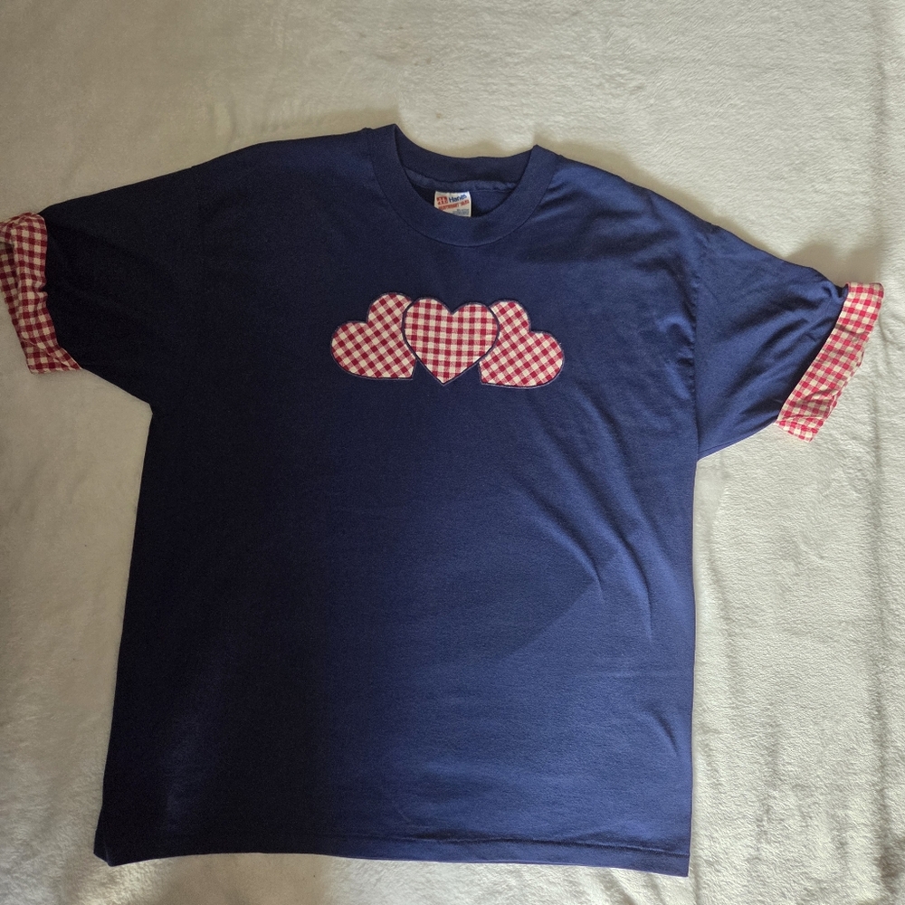 Vintage Hanes T Shirt Navy‎ Hearts Gingham Cuff Sleeve Sz XL USA Made Valentines
